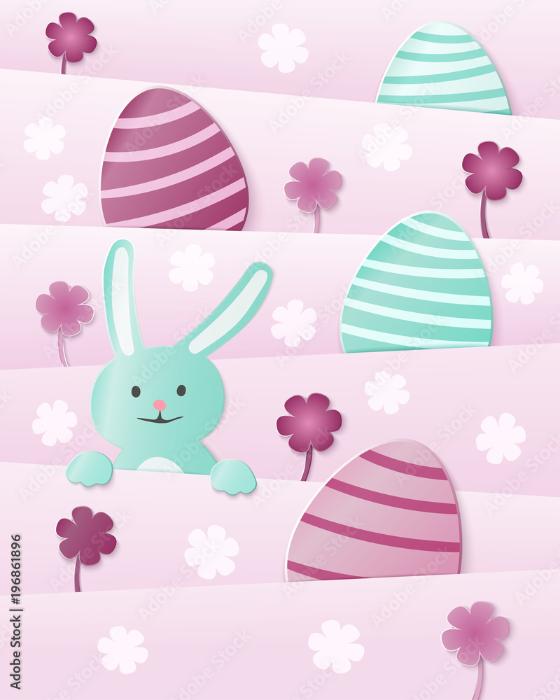 Happy Easter greeting card, with cute, bunny, eggs and flowers