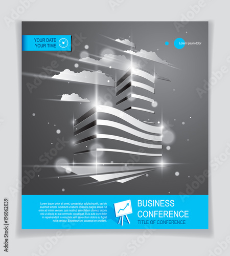 Futuristic building ad, modern vector architecture brochure with blurred lights and glares effect. Real estate realty business center grey design. 3D futuristic facade business conference template.