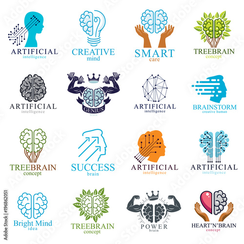 Brain and intelligence vector icons or logos concepts set. Artificial Intelligence, Bright Mind, Brain Training, Feelings soul versus Rational thinking, Creativeness, Brainstorming, Mental Health.