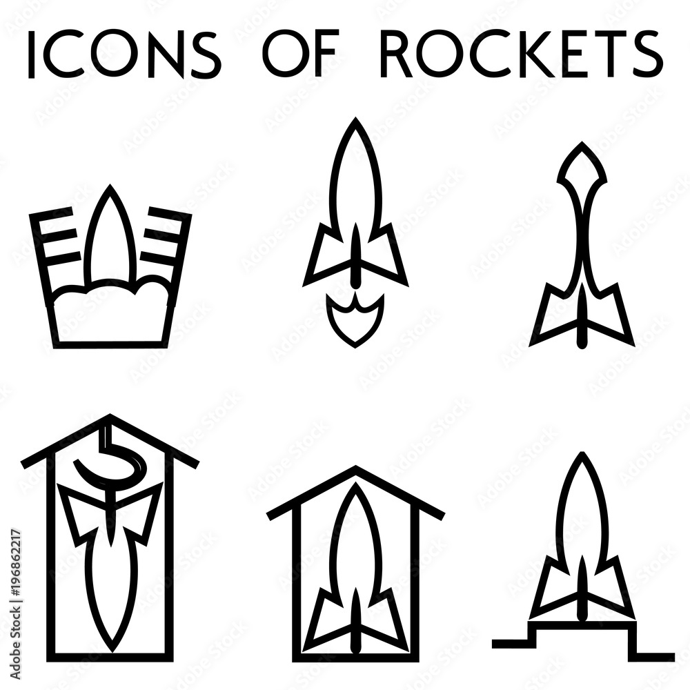 Icons of rockets. The image of a space rocket at launch, in flight, in hyper space, in captivity, in a dock, on the finish podium. Icons of rockets. The image of a space rocket at launch, in flight, in hyper space, in captivity, in a dock, on the finish podium.
