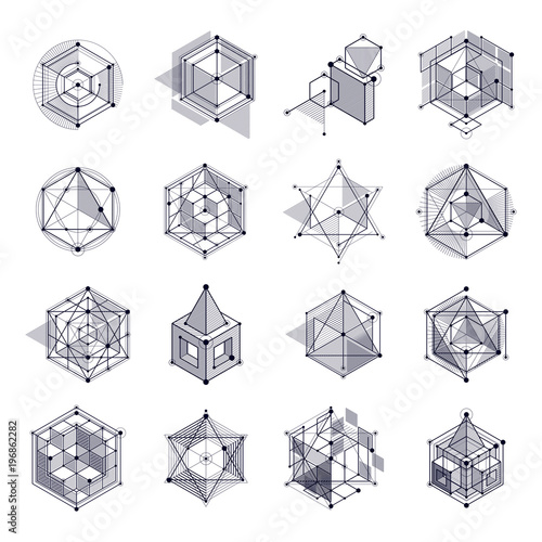 Lines and shapes abstract vector isometric 3D black and white backgrounds set. Abstract scheme of engine or engineering mechanism. Layout of cubes, hexagons, squares, rectangles and different elements