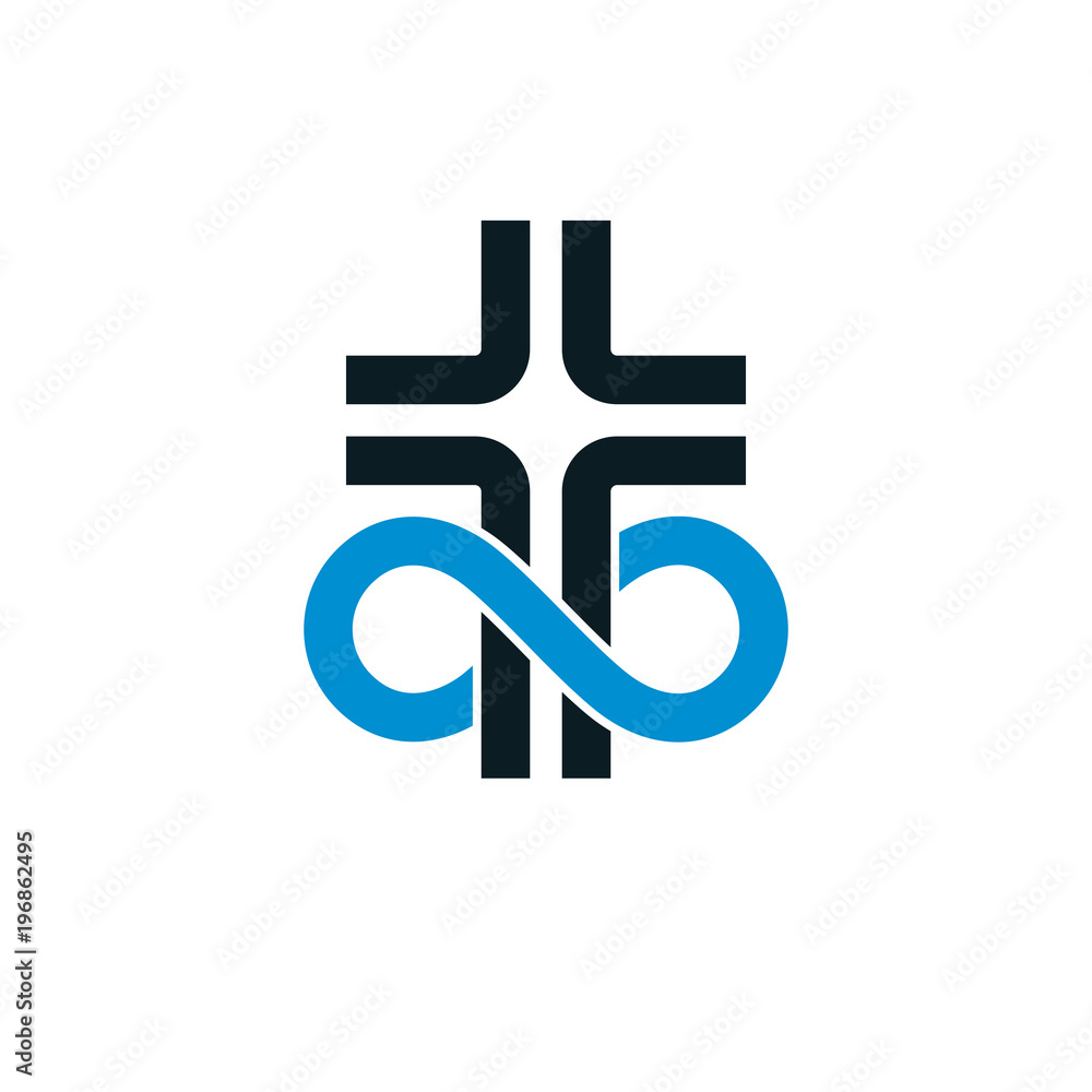 True Infinite Christian Belief in God, vector creative symbol design, combined with infinity eternal loop and Christian Cross, vector logo or sign. True Infinite Christian Belief in God, vector creative symbol design, combined with infinity eternal loop and Christian Cross, vector logo or sign.