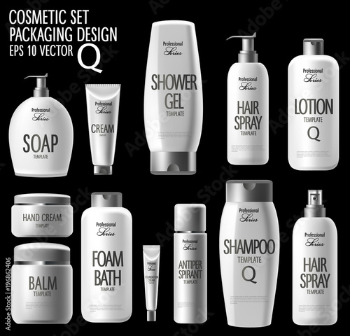 Realistic cosmetics, hair shampoo, soap and hand cream. Promoting premium products, realistic cosmetics, illustration of cosmetics