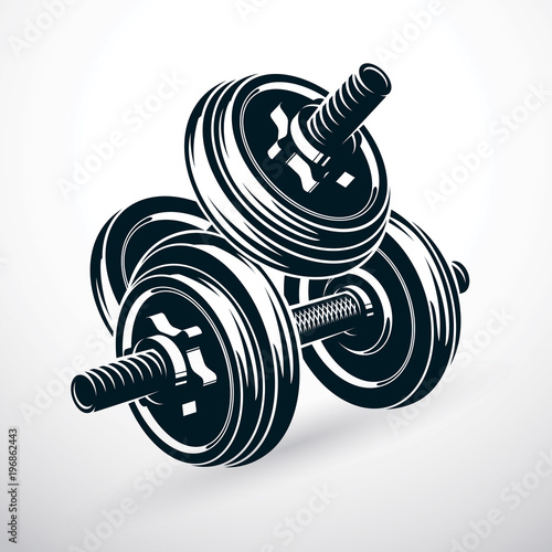 Dumbbell vector illustration isolated on white composed with disc weight. Sport equipment for weight lifting and cross fit training. photo