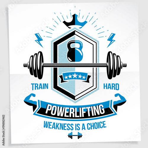 Bodybuilding motivation poster composed with barbell sport equipment and other graphic vector elements. Weakness is a choice quote.