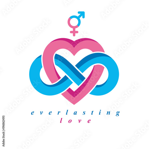 Love Forever conceptual sign, vector symbol created with infinity loop sign and heart.
