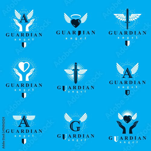 Holy spirit graphic vector logotypes collection, can be used in charity and catechesis organizations. Vector emblems created using battle swords, loving hearts and guardian shields.