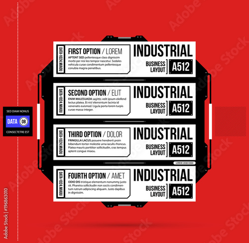 Three options template with hi-tech elements in black and red techno style on flat vibrant background