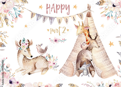 Cute baby giraffe, deer animal nursery mouse and bear isolated illustration for children. Watercolor boho forest cartoon Birthday patry invitation Perfect for nursery posters, patterns