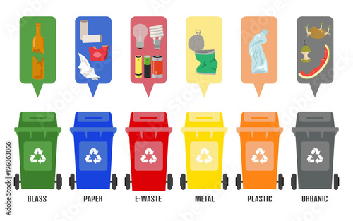 Set of colorful garbage cans with sorted garbage on white background.