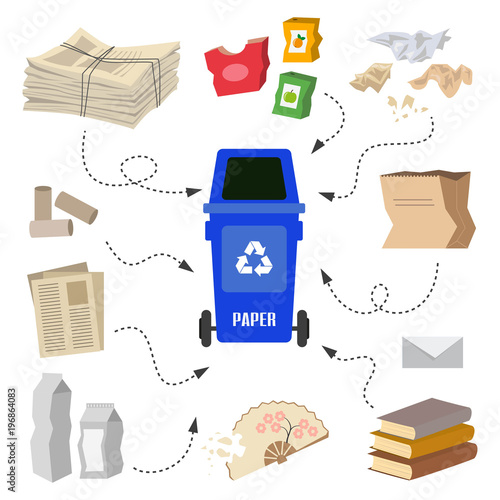 Container with paper trash on white background.