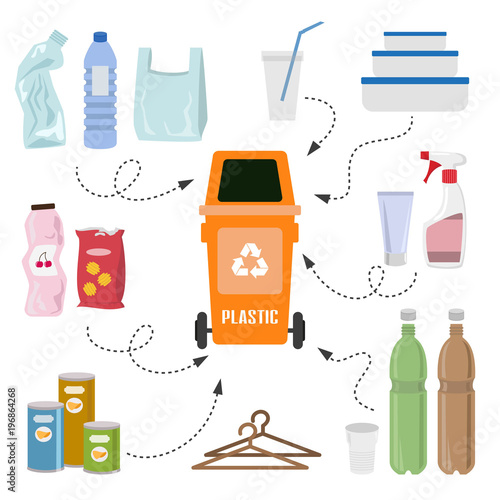 Container with plastic trash on white background.