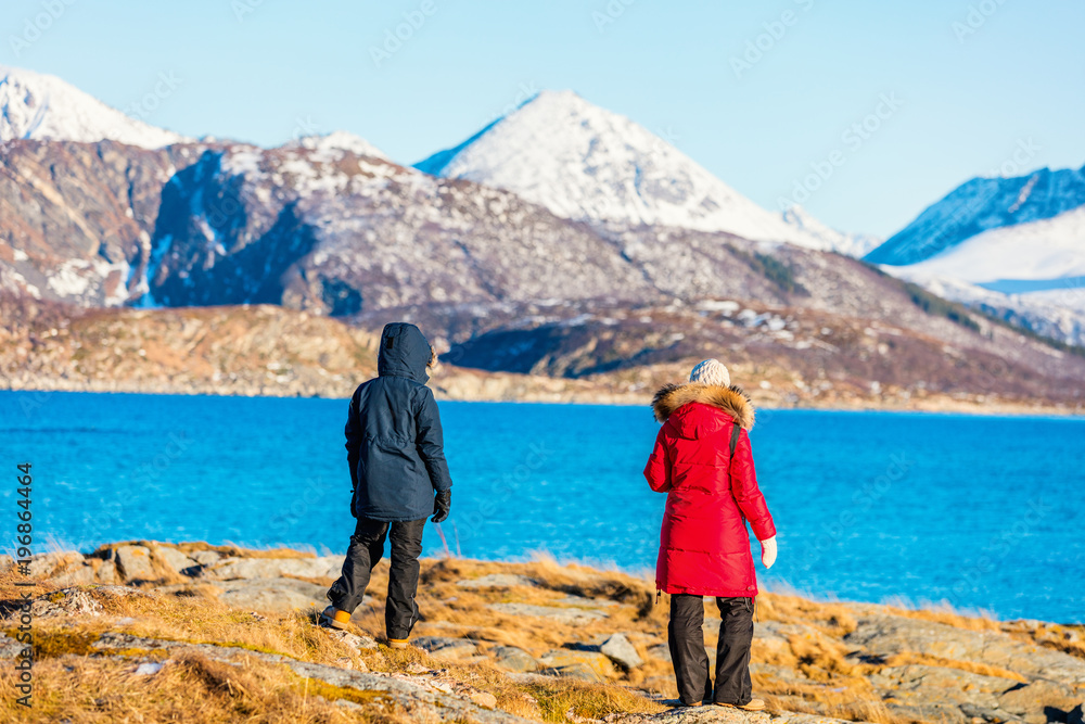 Mother and son outdoors on winter