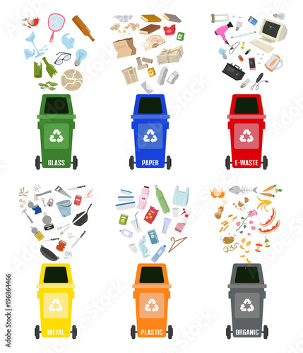 Set of colorful garbage cans with sorted garbage on white background.