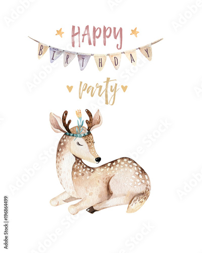 Cute baby giraffe, deer animal nursery mouse and bear isolated illustration for children. Watercolor boho forest cartoon Birthday patry invitation Perfect for nursery posters, patterns