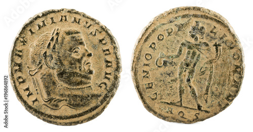 Ancient Roman copper coin of Emperor Maximianus Herculeus. Follis. photo