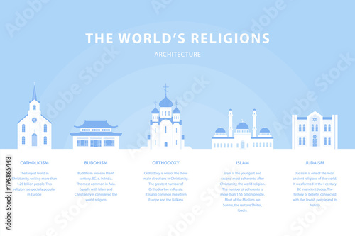 Temples. Collection of buildings. Church of world religions. Orthodoxy, Judaism, Catholicism, Islam, Buddhism. Traditional architecture. Vector illustration