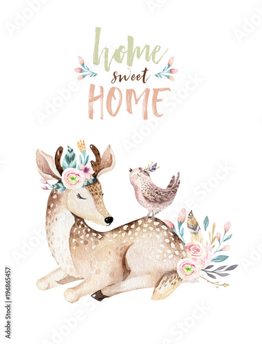Cute baby deer animal nursery isolated illustration for children. Watercolor boho forest cartoon Birthday patry invitation Perfect for nursery posters, patterns