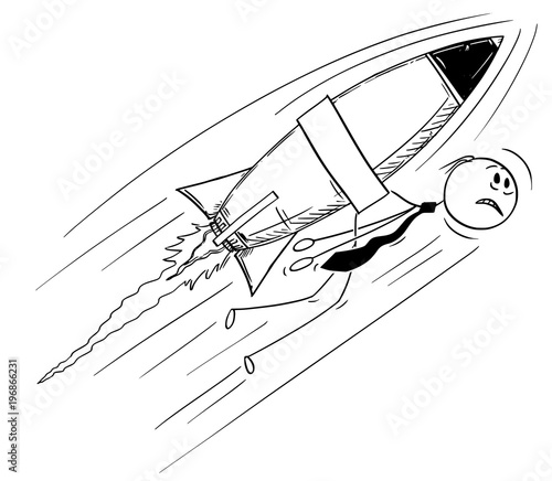 Cartoon stick man drawing conceptual illustration of businessman flying too high and too fast with rocket attached to his back. Concept of risky business.