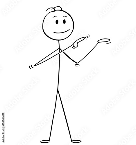 Cartoon stick man drawing conceptual illustration of businessman pointing at empty space above his space. Ready for your text, icon or graphic element.
