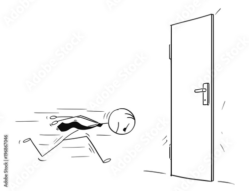 Cartoon stick man drawing conceptual illustration of headstrong businessman running against closed door head first. Business concept of confidence and motivation.