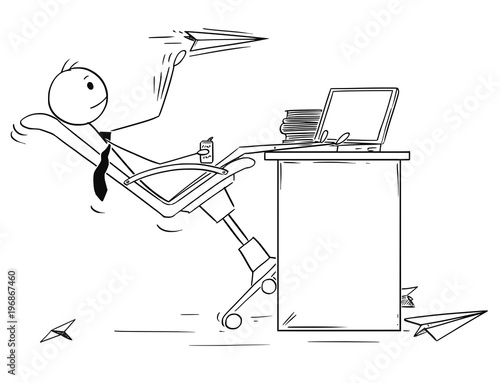 Cartoon stick man drawing conceptual illustration of bored businessman throwing paper airplanes at work.