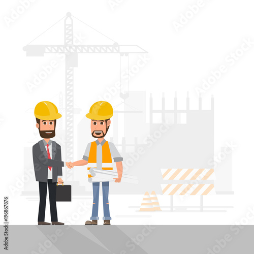 architect, foreman, engineering construction worker manage a project at building site