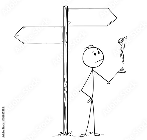 Cartoon stick man drawing conceptual illustration of businessman making decision by tossing, flipping or spinning a coin, standing on the crossroad with two empty arrow signs. Business concept of luck