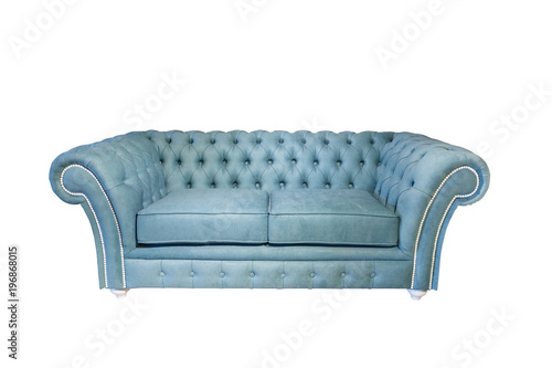 Fototapeta Naklejka Na Ścianę i Meble -  light blue fabric sofa in chester style for elite loft interior isolated white background