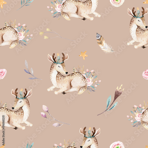 Cute family baby raccon, deer and bunny. animal nursery giraffe, and bear isolated illustration. Watercolor boho raccon drawing nursery seamless pattern. Kids background, nursery print