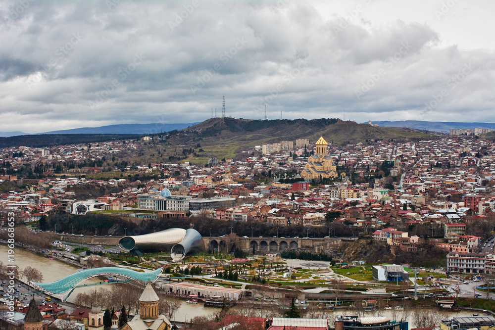 Panoramic view of Tbilisi, the capital of Georgia with old town and modern architecture