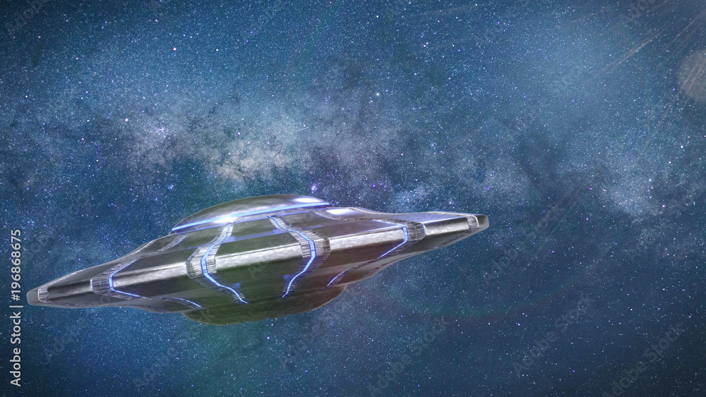 UFO, alien spaceship in outer space, flying saucer with stars of the Milky Way galaxy (3d illustration) UFO, alien spaceship in outer space, flying saucer with stars of the Milky Way galaxy (3d illustration)