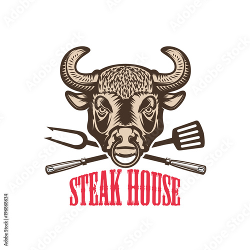 Steak house. Bull head with kitchen tools. Design element for logo, label, emblem, sign.