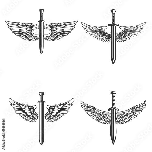 Set of emblems with medieval sword and wings. Design element for logo, label, emblem, sign.