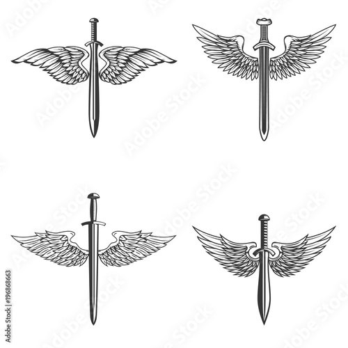 Set of emblems with medieval sword and wings. Design element for logo, label, emblem, sign.