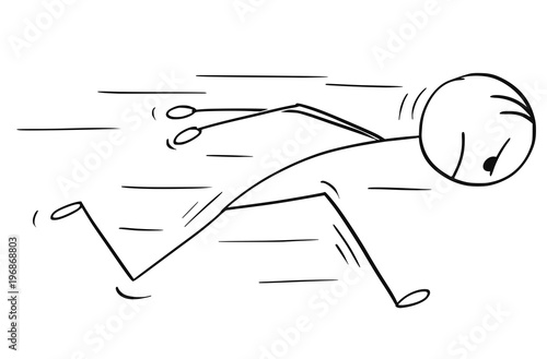 Cartoon stick man drawing conceptual illustration of headstrong businessman running against something head first. Business concept of confidence and motivation.