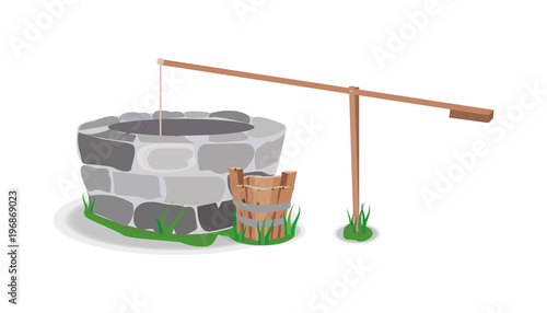 well tree bucket water stone grass vector.