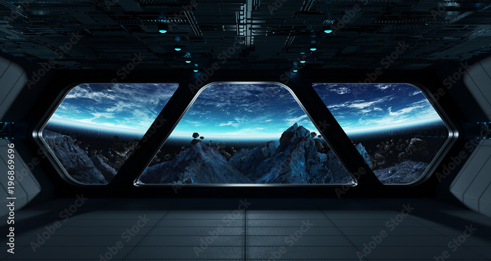 Obraz premium Spaceship futuristic interior with view on planet Earth