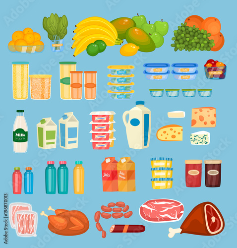 Daily food products icons. Fruits, preserves, dairy products, juices in pack and bottles, jams, meat, sausages vector illustrations set. For diet and healthy nutrition concept, grocery store ad design