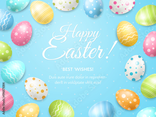 Vector greeting card with text “Happy Easter!” and 3D colored eggs with patterns. Festive template for design of holiday flyers and banners on the blue background.
