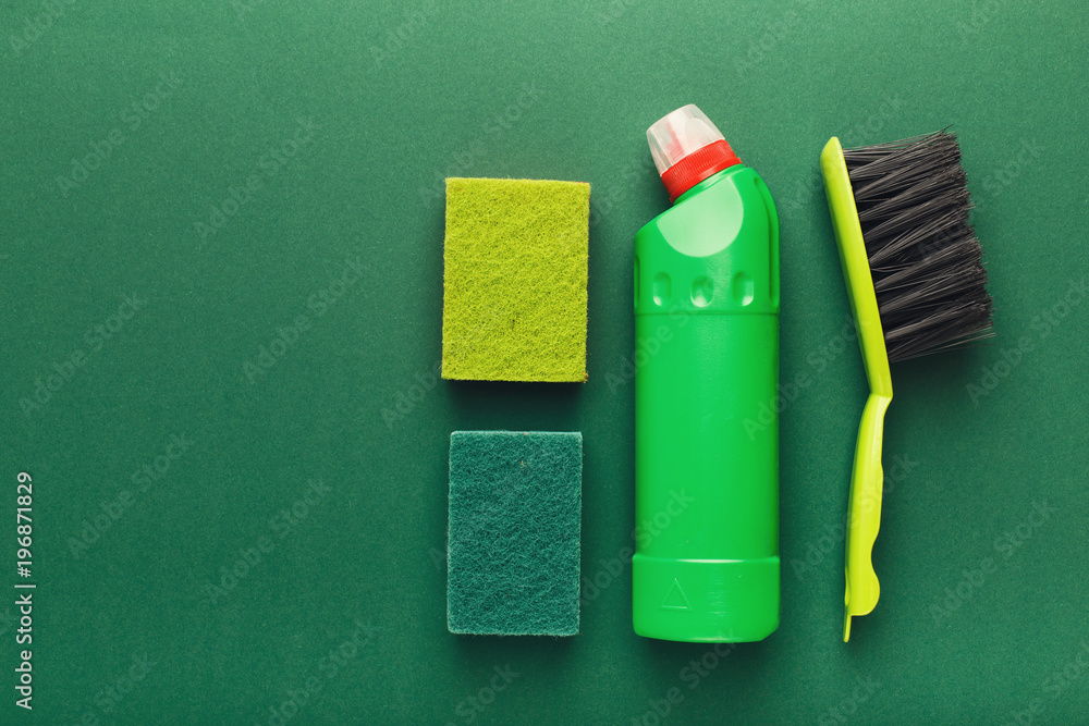 Various cleaning supplies, housekeeping background