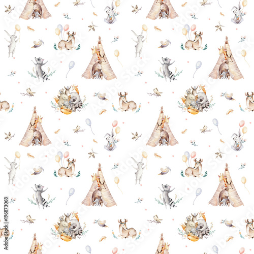 Cute family baby raccon, deer and bunny. animal nursery giraffe, and bear isolated illustration. Watercolor boho raccon drawing nursery seamless pattern. Kids background, nursery print photo