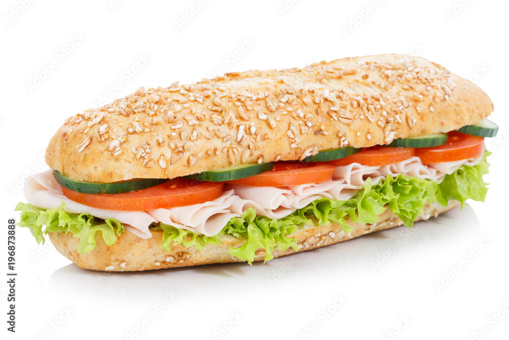 Brötchen Sandwich Vollkorn Baguette belegt mit Schinken freigestellt Freisteller Brötchen Sandwich Vollkorn Baguette belegt mit Schinken freigestellt Freisteller