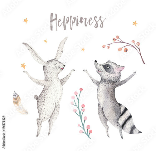 Happy jamping raccoon and bunny animal illustration for kids Watercolor boho forest cartoon Birthday patry rabbit Balloons invitation Perfect for nursery posters, greeting card