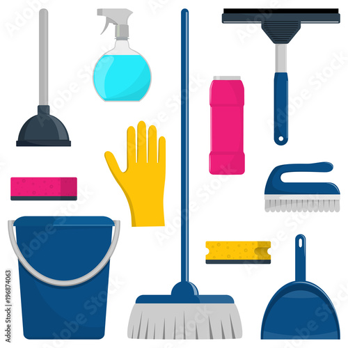 Set of cleaning tools and detergents isolated on white. Vector illustration