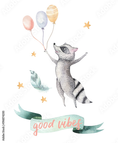 Cute jumping raccoon animal illustration for kids Watercolor boho forest cartoon Birthday patry Balloons invitation Perfect for nursery posters, patterns