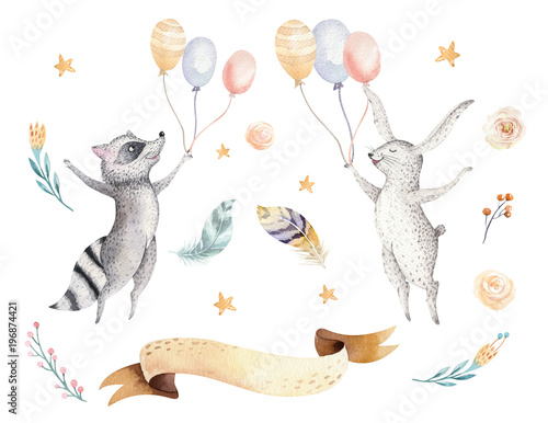 Cute jumping raccoon and bunny animal illustration for kids Watercolor boho forest cartoon Birthday patry rabbit Balloons invitation Perfect for nursery posters, patterns