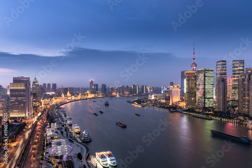Photography Shanghai skyline and cityscape at sunset