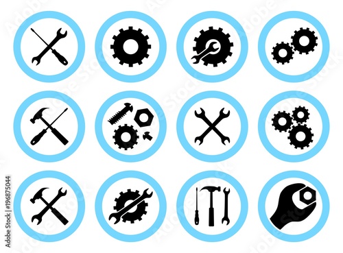 Repair service concept. Simple icons set: wrench, screwdriver, hammer and gear. Services icon or button isolated on white background. Vector illustration.