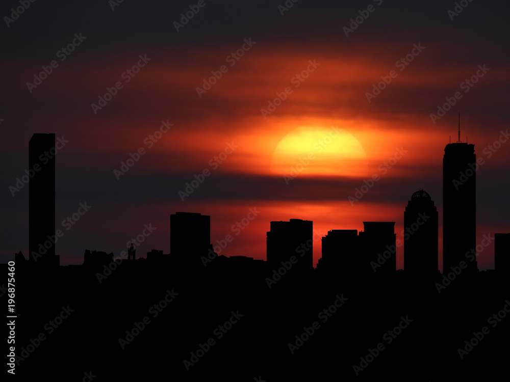 Boston skyline silhouette with sunset illustration